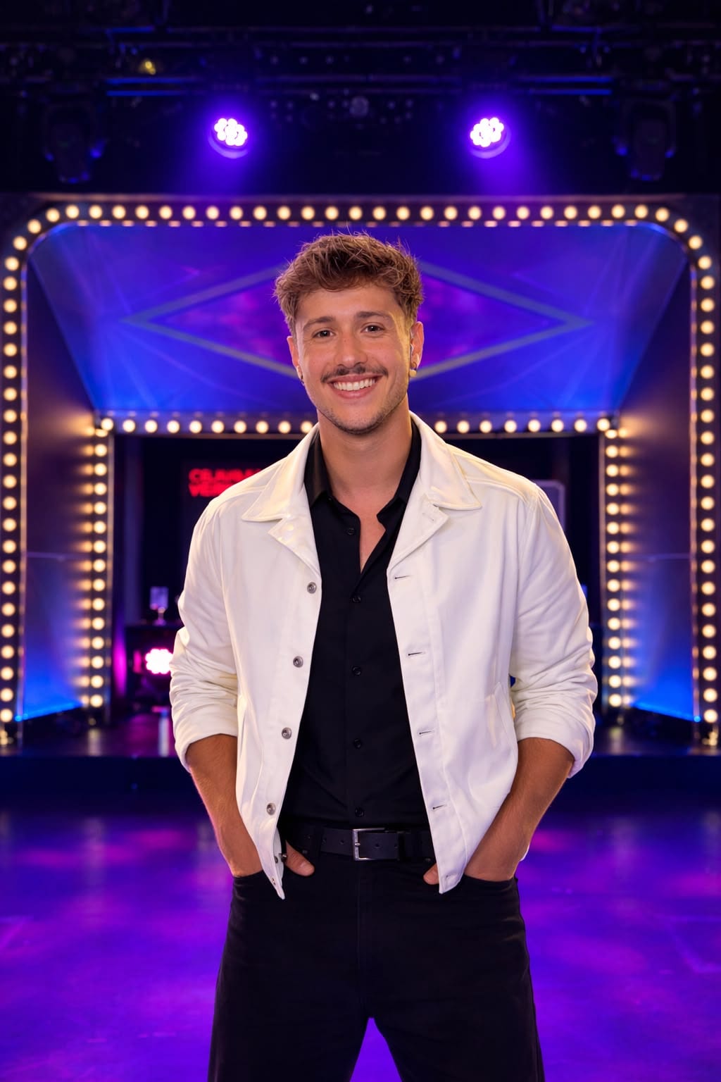David Maestro smiling on stage on a television set framed by marquee lights.